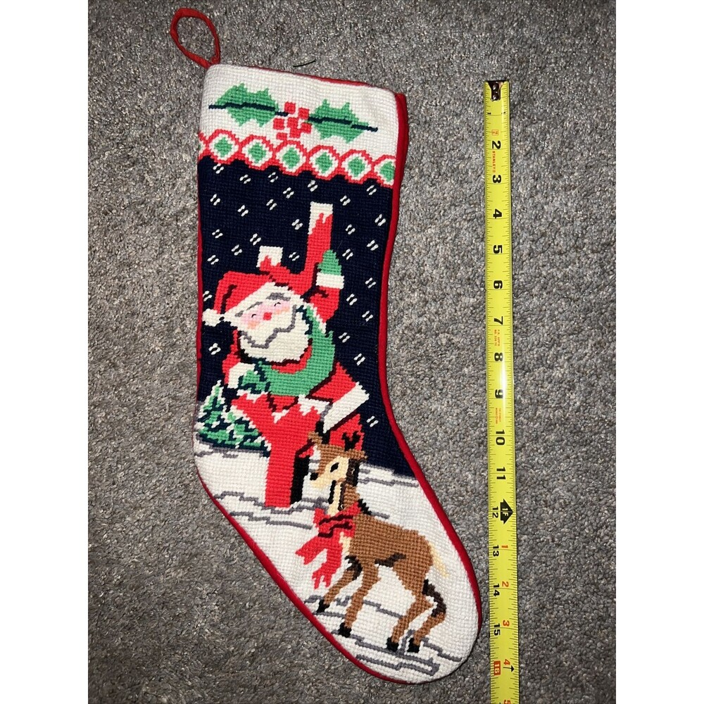 Vtg needlepoint Santa reindeer Joy Red velvet Christmas stocking 19x5 Wreath